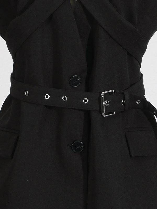 Loose Sleeveless Belted Buttoned Solid Color Notched Collar Blazer Vest Outerwear