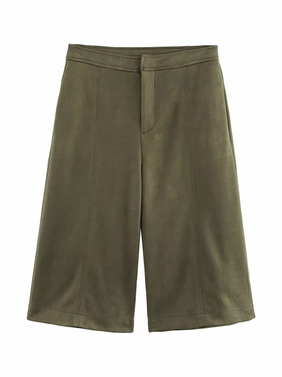 Zipper Split-Joint Solid Color Pockets Buttoned Wide Leg Loose Cropped Trousers