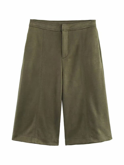 Zipper Split-Joint Solid Color Pockets Buttoned Wide Leg Loose Cropped Trousers