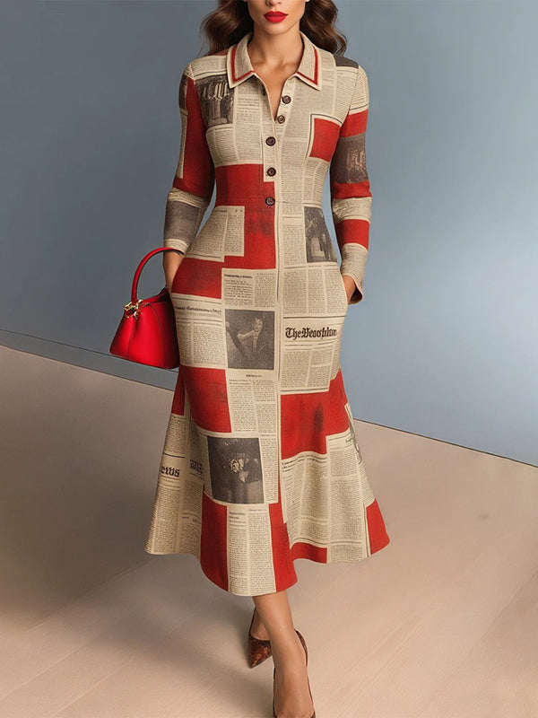 Bodycon Long Sleeves Buttoned Letter Print Pockets Lapel Midi Dresses