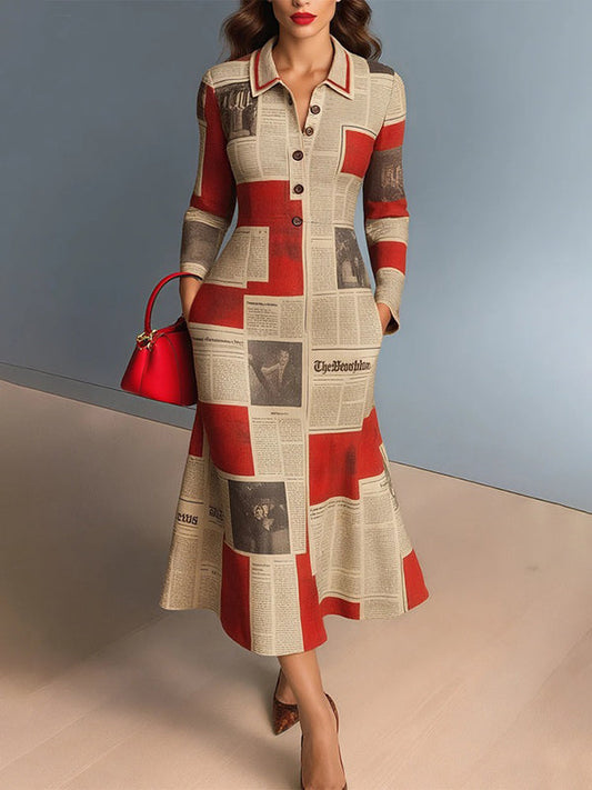 Bodycon Long Sleeves Buttoned Letter Print Pockets Lapel Midi Dresses