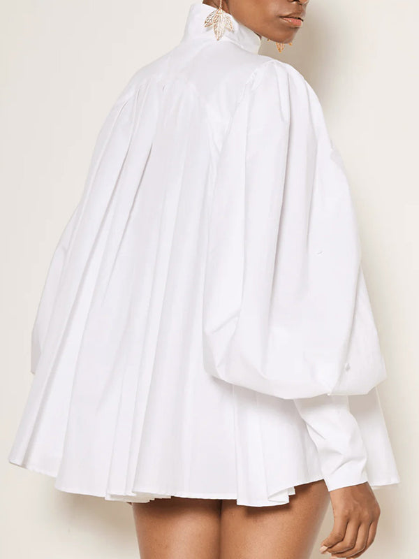 Loose Over Size Buttoned Solid Color High Neck Blouses&Shirts Tops