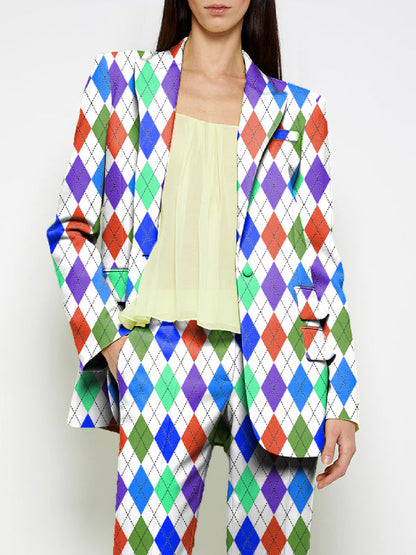 Long Sleeves Loose Buttoned Pockets Printed Shoulder Pad Notched Collar Blazer Jackets&Coats Outerwear