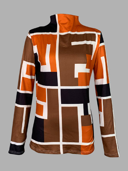 Long Sleeves Skinny Geometric Printed High Neck T-Shirts Tops