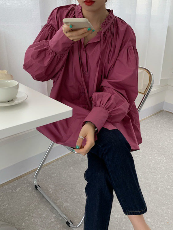 Urban Loose Puffärmel Agaric Laces Falbala Einfarbige Blusen 