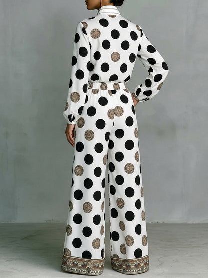 Long Sleeves Loose Buttoned Contrast Color Polka Dot Printed Stand Collar Blouses&Shirts Tops