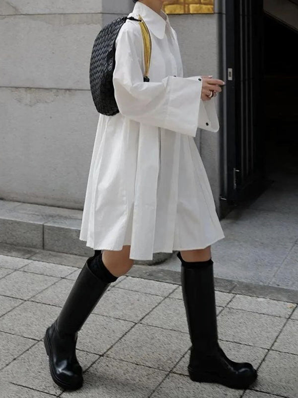 Long Sleeves Buttoned Pleated Solid Color Lapel Midi Dresses Shirt Dress