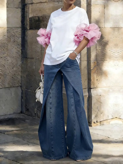 Loose Short Sleeves Solid Color Split-Joint Round-Neck T-Shirts Tops