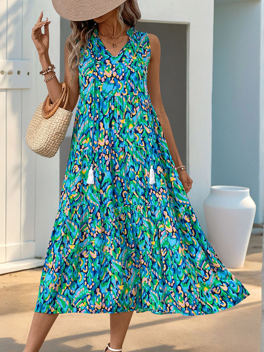 A-Line Loose Contrast Color Printed Split-Joint V-Neck Maxi Dresses