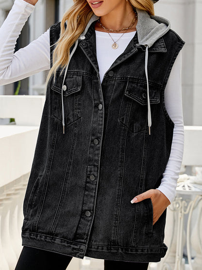 Loose Sleeveless Buttoned Detachable Drawstring Hooded Pockets Split-Joint Polo Vest Outerwear