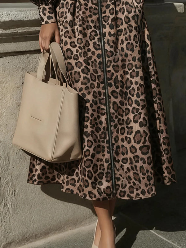 A-Line High Waisted Leopard Pleated Pockets Zipper V-Neck Maxi Dresses
