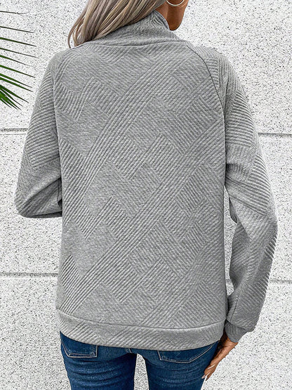 Long Sleeves Loose Asymmetric Buttoned Solid Color Split-Joint Mock Neck Sweatshirt Tops