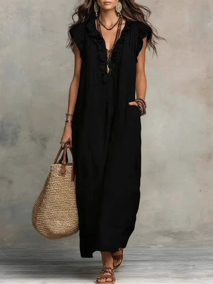 Loose Plus Size Pockets Ruffle Trim Solid Color V-Neck Maxi Dresses