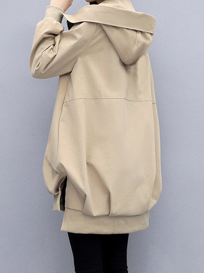 Casual Loose 4 Colors Pleated Zipper Hooded Long Sleeves Outwear