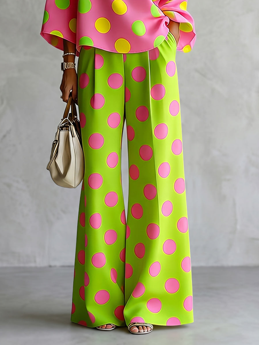 Loose Wide Leg Buttoned Pockets Polka-Dot Pants Trousers
