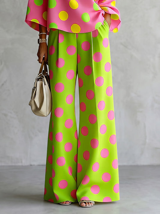 Loose Wide Leg Buttoned Pockets Polka-Dot Pants Trousers
