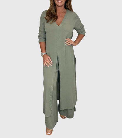 Pearl | Women's Duster Cardigan Two-Piece Set Wide Leg Pants