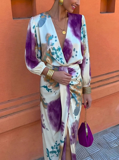 Split-side Split-Joint Pleated Contrast Color Puff Sleeves Plus Size V-neck Two Pieces Set Skirts Bottoms Blouses&shirts Tops