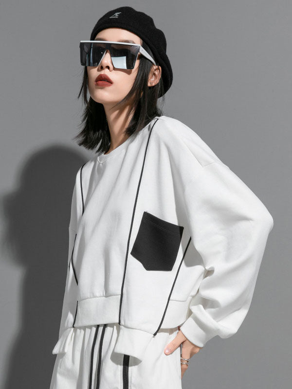 Original Creation Sweatshirt-Oberteile mit lockeren Fledermausärmeln, kontrastfarbenem Split-Joint und Rundhalsausschnitt 