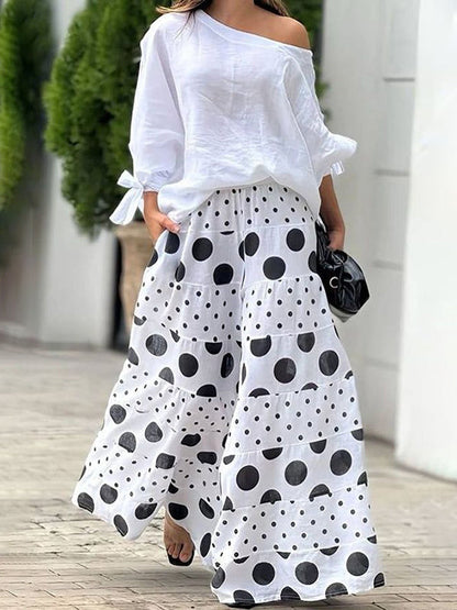 High Waisted Loose Contrast Color Elasticity Pockets Polka-Dot Split-Joint Pants Trousers