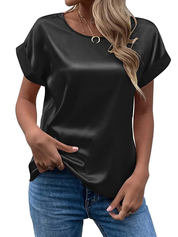 Loose Short Sleeves Solid Color Round-Neck T-Shirts Tops BLACK
