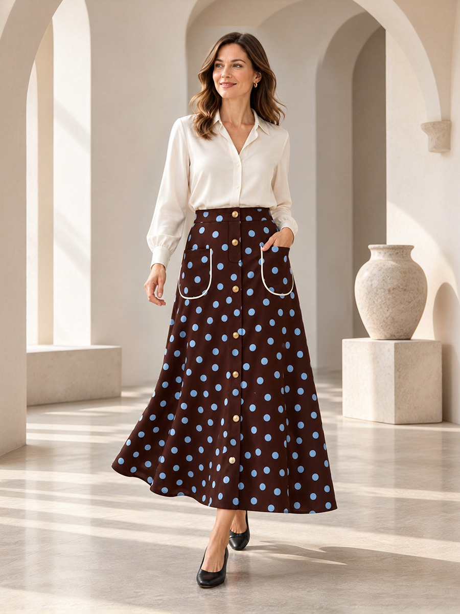 Polka-Dot Pockets Elasticity Contrast Color Buttoned High Waisted A-line Skirts Bottoms