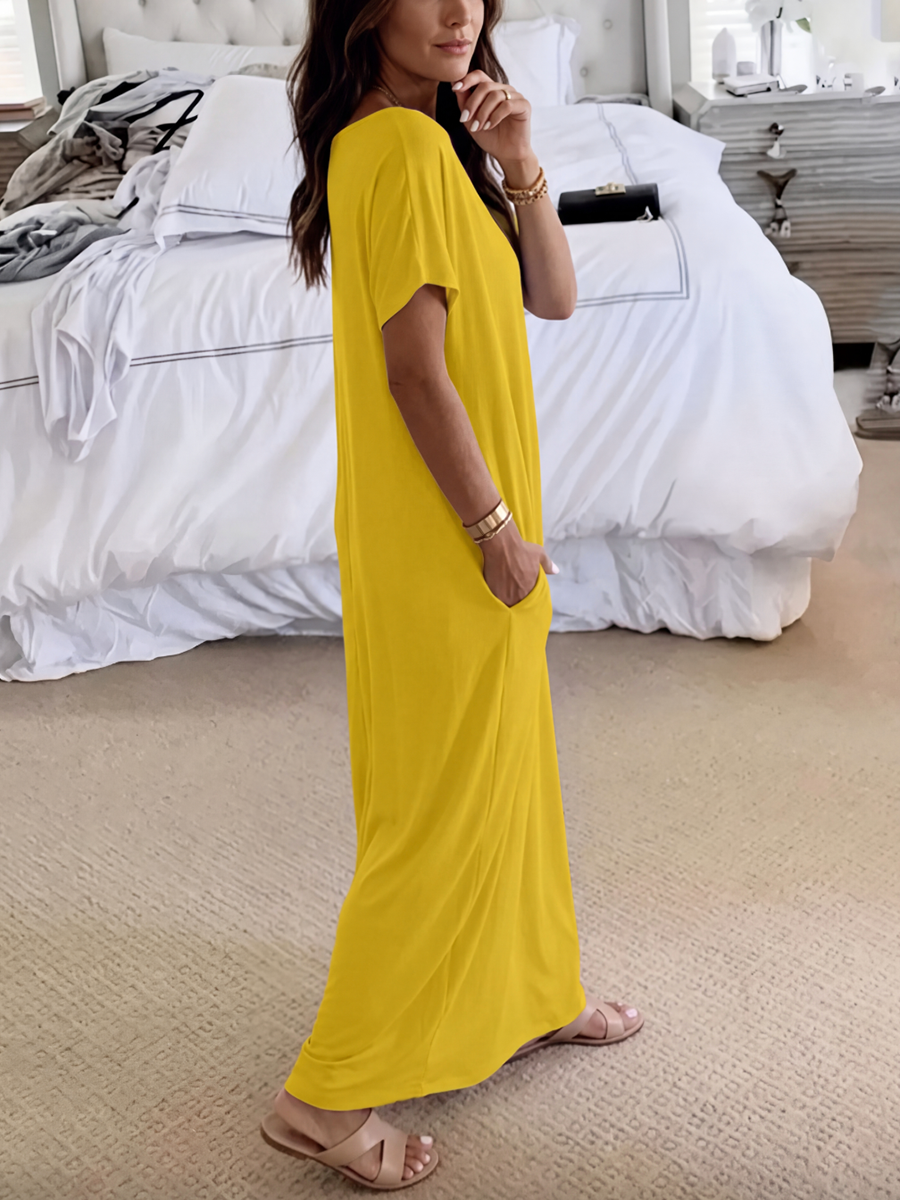 Solid Color Pockets Short Sleeves Plus Size One-shoulder Maxi Dresses