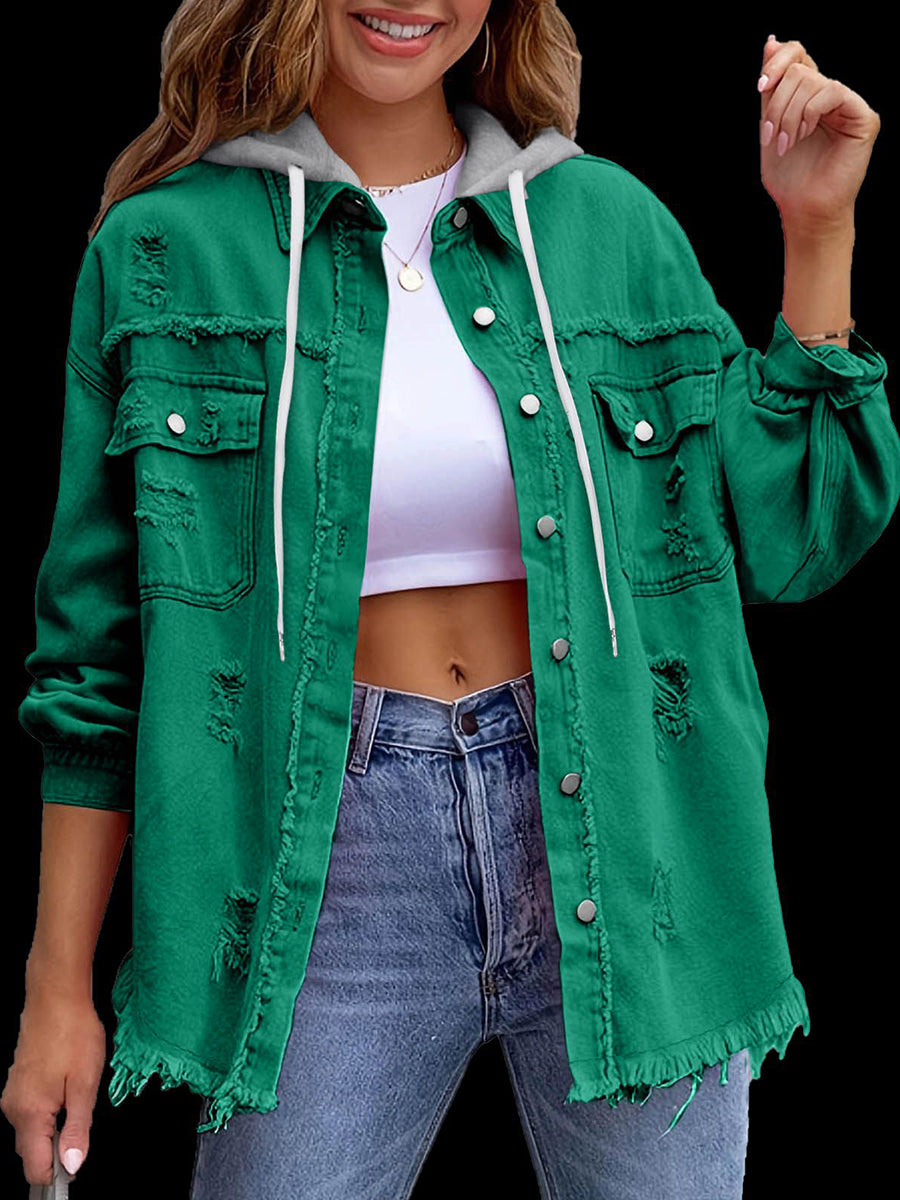Split-Joint Pockets Fringed Buttoned Loose Long Sleeves Hooded Outerwear