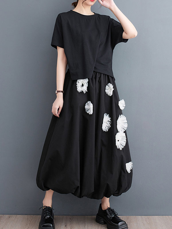 Loose Flower-Embellished Elastics Solid Color Skirts Bottoms