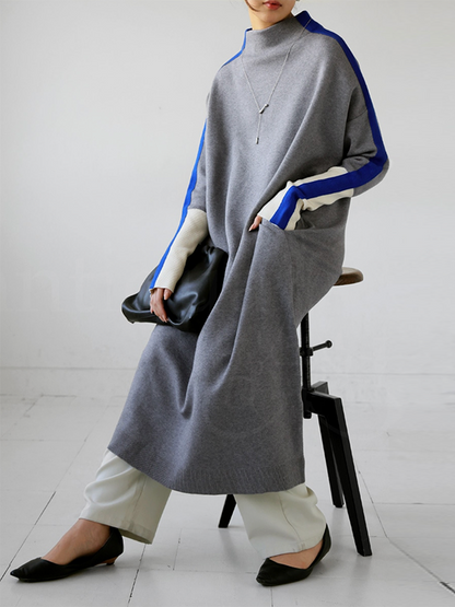 Long Sleeves Loose Contrast Color Stand Collar Maxi Dresses