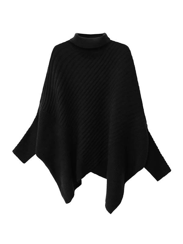 Batwing Sleeves Irregularity Asymmetric Ribbed Knit Solid Color Split-Joint High Neck Sweater Tops