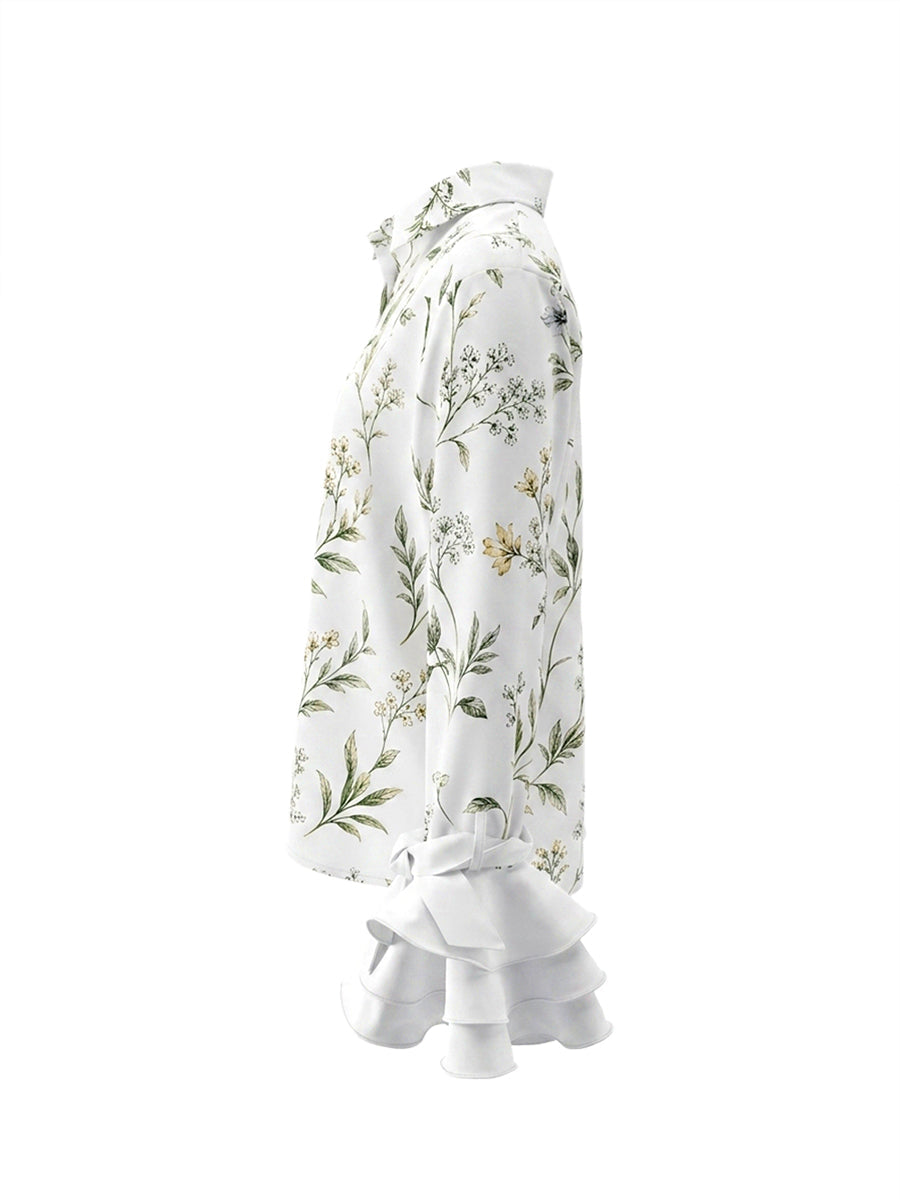 Long Sleeves Ruffle Sleeves Buttoned Flower Print Lapel Blouses&Shirts Tops