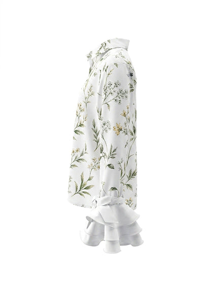Long Sleeves Ruffle Sleeves Buttoned Flower Print Lapel Blouses&Shirts Tops