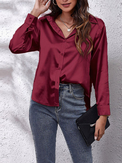 Long Sleeves Loose Solid Color Lapel Blouses BURGUNDY