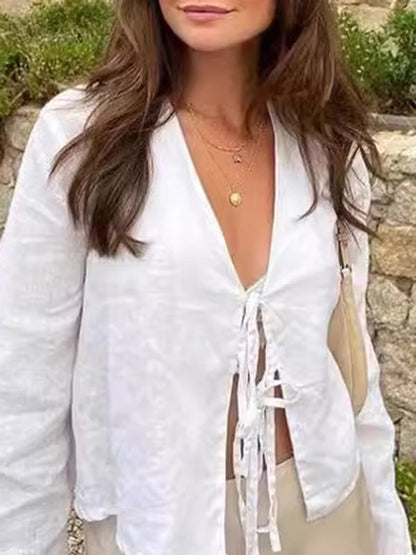 Lace-Up Solid Color V-Neck Blouses&Shirts Tops