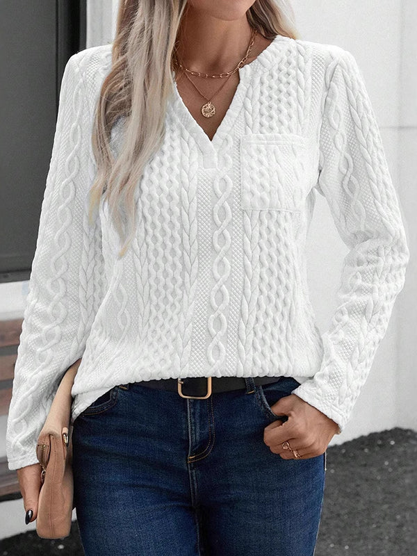 Long Sleeves Loose Pockets Solid Color Split-Joint V-Neck T-Shirts Tops