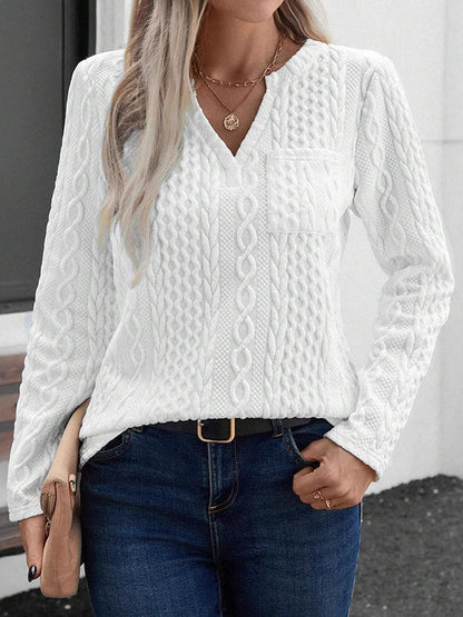 Long Sleeves Loose Pockets Solid Color Split-Joint V-Neck T-Shirts Tops