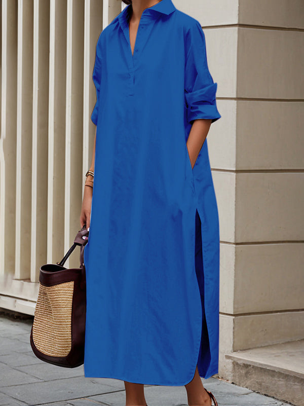 A-Line Long Sleeves Buttoned Pockets Solid Color Split-Side Lapel Midi Shirt Dresses