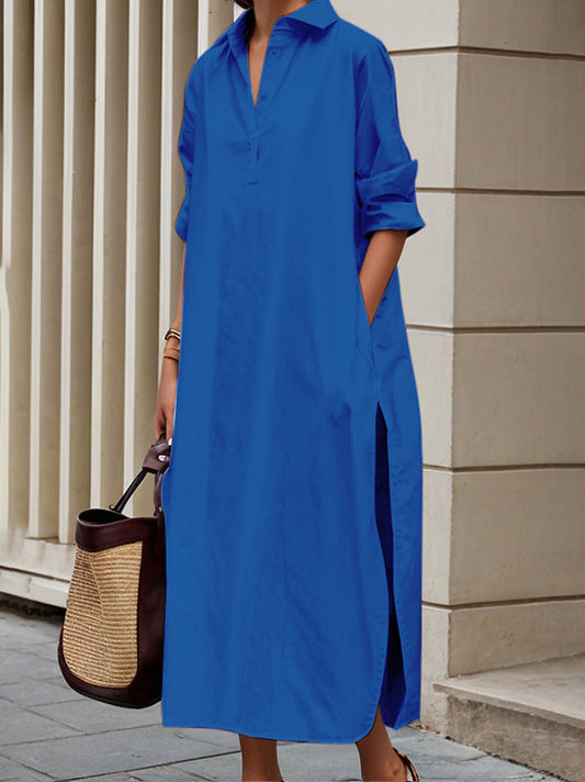 A-Line Long Sleeves Buttoned Pockets Solid Color Split-Side Lapel Midi Shirt Dresses