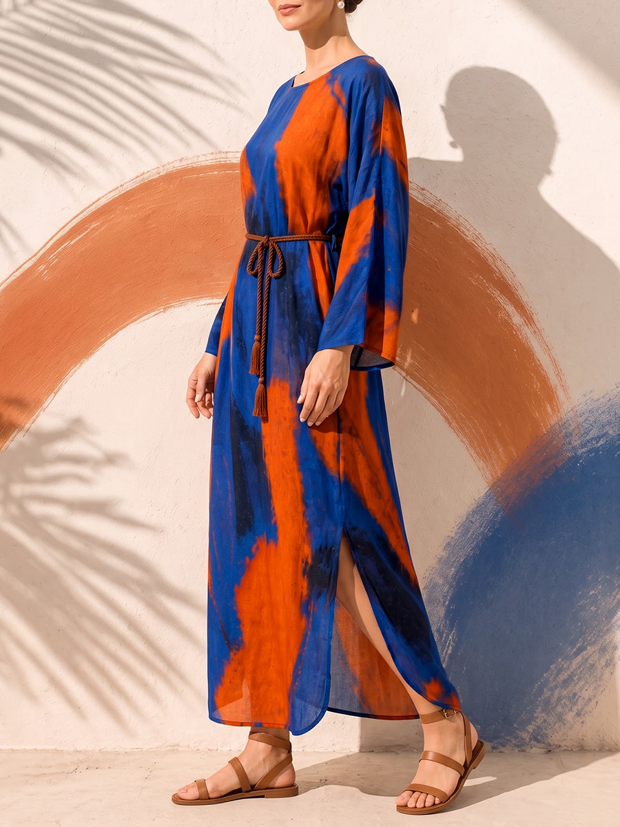 Tied Waist Split-side Printed Pockets Contrast Color Loose Long Sleeves Round-neck Maxi Dresses