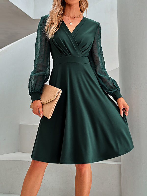 A-Line Long Sleeves Gauze Pleated Split-Joint V-Neck Midi Dresses
