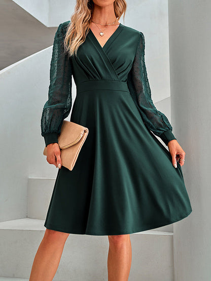 A-Line Long Sleeves Gauze Pleated Split-Joint V-Neck Midi Dresses