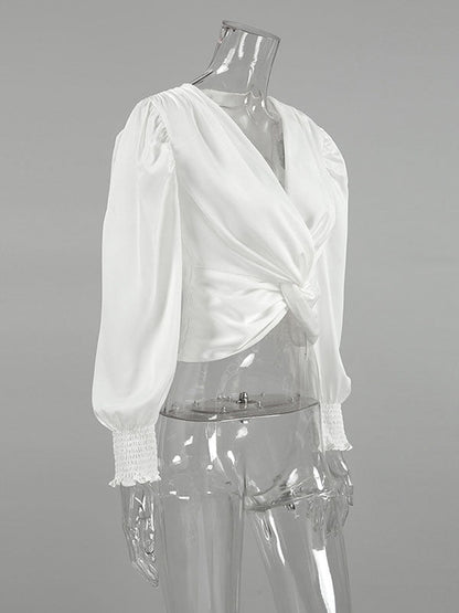 Loose Puff Sleeves Elasticity Pleated Solid Color Split-Joint V-Neck Blouses&Shirts Tops