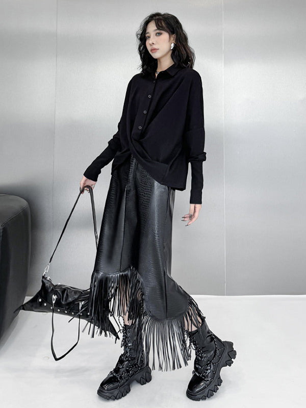 Hipster Irregularity Buttoned Solid Color Twist Lapel Collar Blouses&Shirts Tops