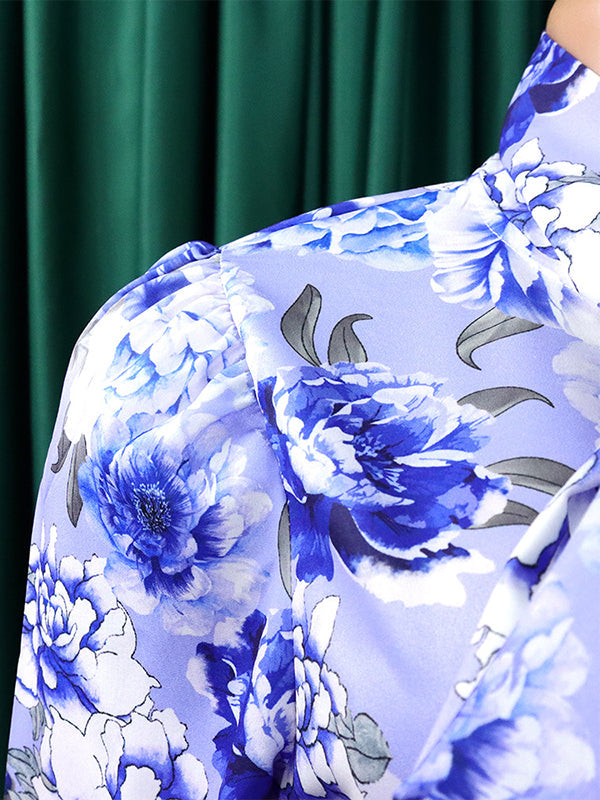 Long Sleeves Floral Printed Blouse + Split-Back Solid Color Skirt Two Pieces Set