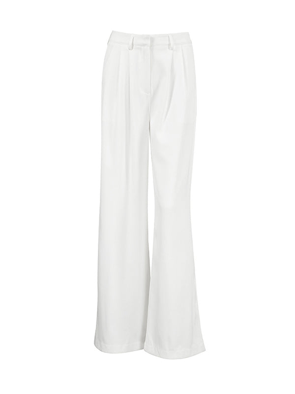 High Waisted Loose No Belt Pleated Pockets Solid Color Suit Pants Trousers