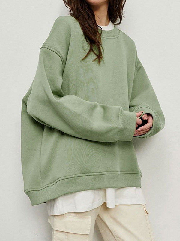 Long Sleeves Loose Solid Color Round-Neck Sweatshirt Tops OLIVE GREEN