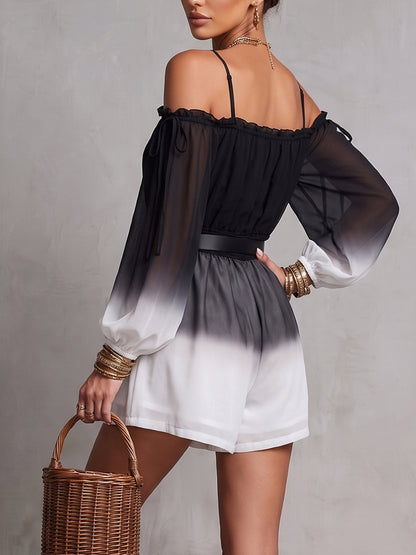 Long Sleeves Puff Sleeves Backless Contrast Color Gradient No Belt Ruffle Trim See-Through Spaghetti-Neck Jumpsuits