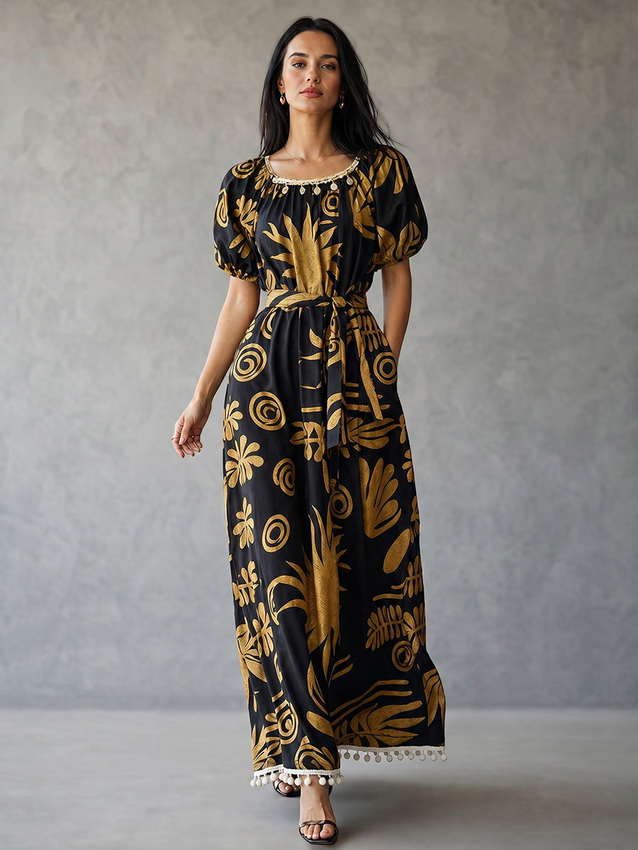 Loose Puff Sleeves Contrast Color Pleated Pockets Printed Split-Joint Tasseled Tied Square-Neck Maxi Dresses