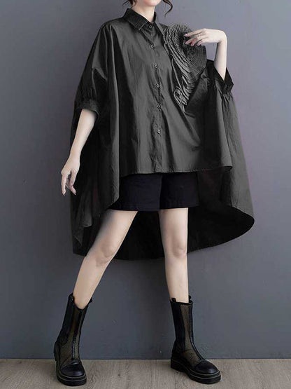 Batwing Sleeves Half Sleeves Asymmetric Buttoned Pleated Solid Color Three-Dimensional Flower Lapel Blouses&Shirts Tops